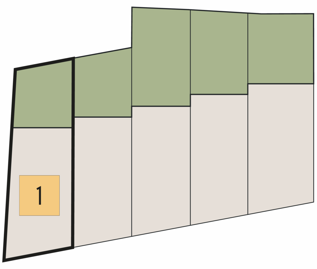 Lageplan Haus 1 von fünf Einheiten: Einheit 1 hervorgehoben, dazu Auflistung von Wohn-, Keller- und Außenflächen sowie Zimmer-/Bäderanzahl.