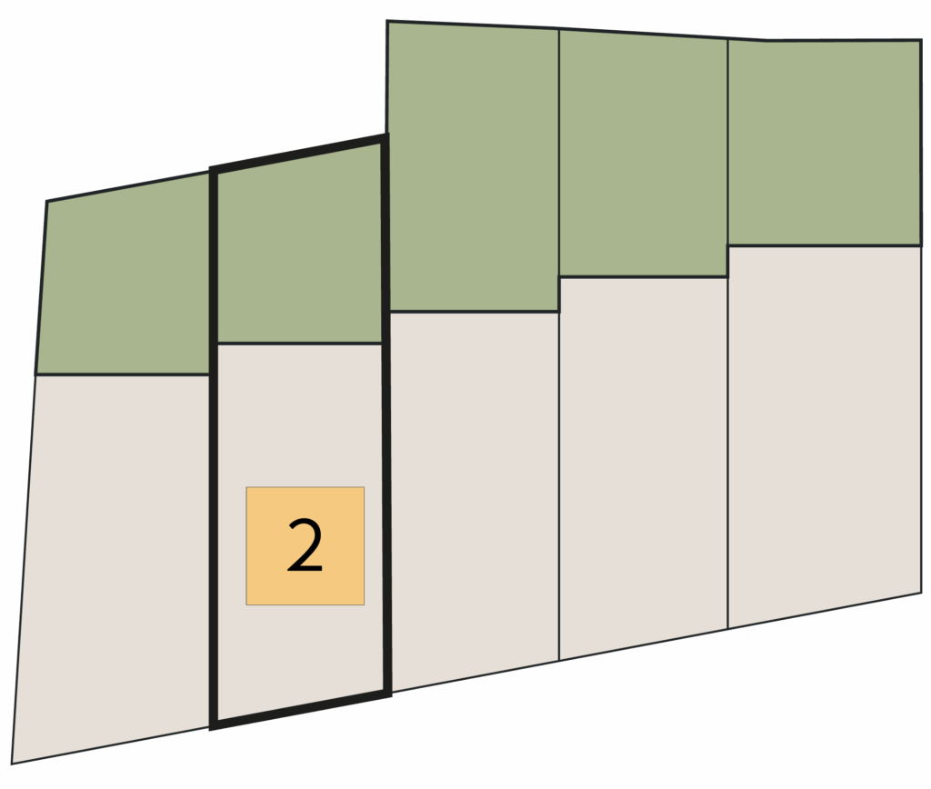 Lageplan Haus 2 von fünf Einheiten: Einheit 2 hervorgehoben, dazu Auflistung von Wohn-, Keller- und Außenflächen sowie Zimmer-/Bäderanzahl.