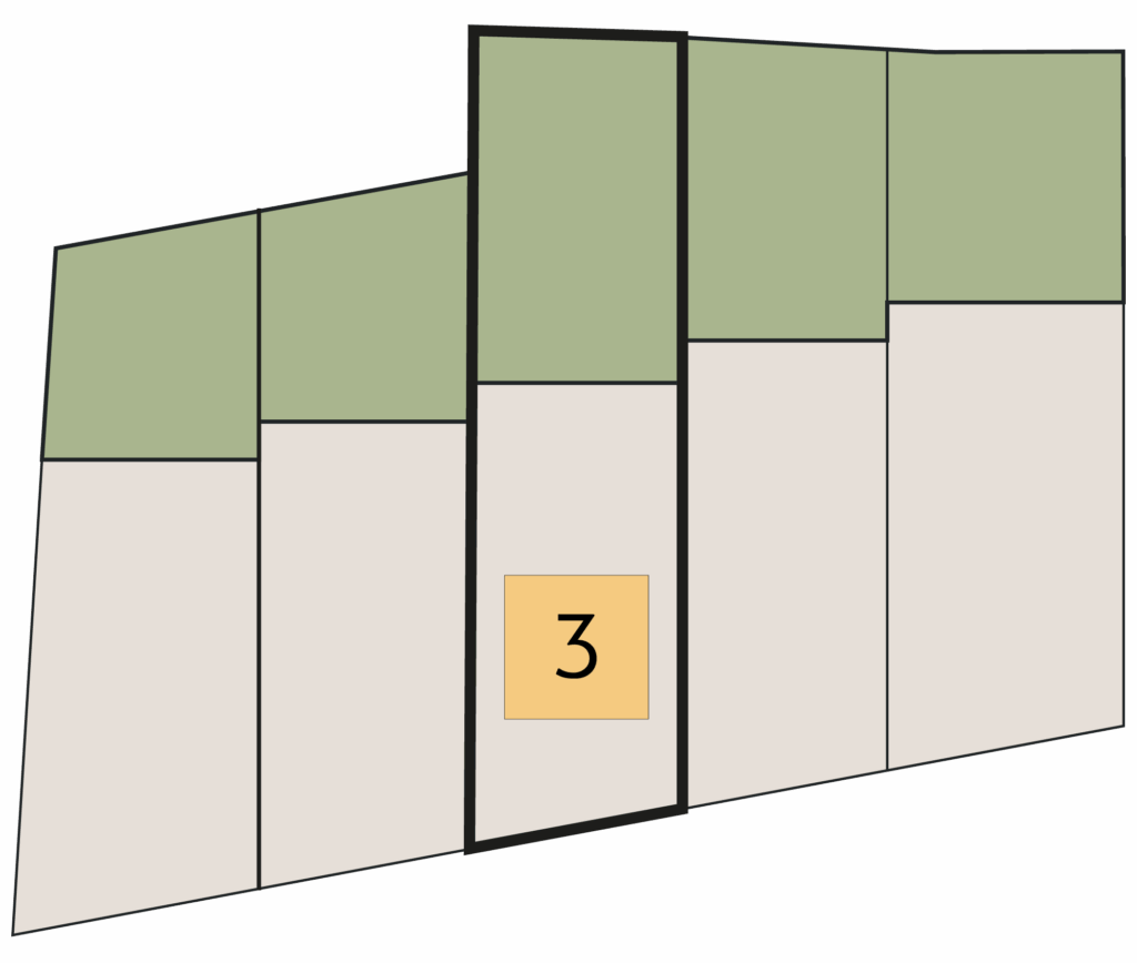 Lageplan Haus 3 von fünf Einheiten: Einheit 3 hervorgehoben, dazu Auflistung von Wohn-, Keller- und Außenflächen sowie Zimmer-/Bäderanzahl.