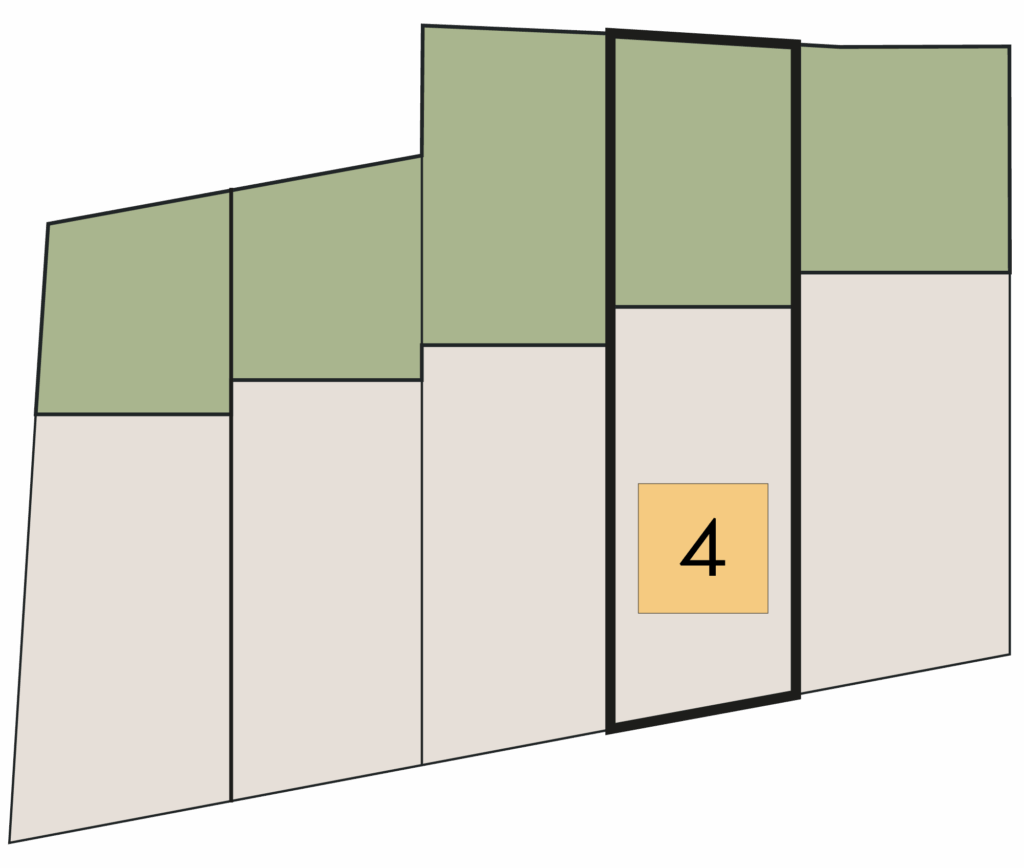 Lageplan Haus 4 von fünf Einheiten: Einheit 4 hervorgehoben, daneben stehen Wohnflächen 136,11 m², Kellerflächen 35,28 m², Außenflächen 142,48 m², 4 Zimmer, 3 Bäder, 3 WCs