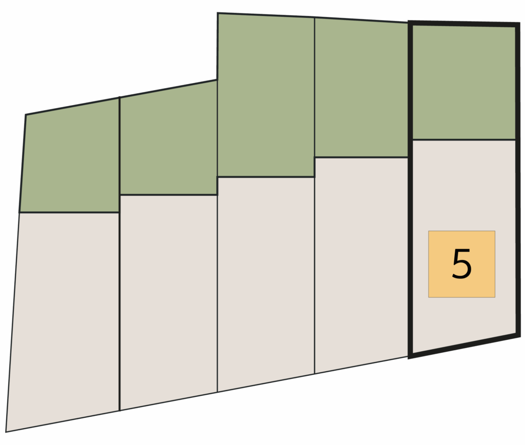 Lageplan Haus 5 – VERKAUFT: Einheit 5 hervorgehoben, daneben stehen Wohnflächen 135,48 m², Kellerflächen 34,65 m², Außenflächen 136,60 m², 4 Zimmer, 3 Bäder, 3 WCs