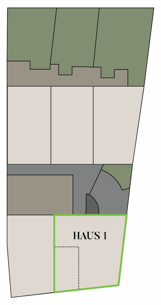 Site plan and key details for BUCHBERG 8 – House 1 with living space, basement, balcony and hobby room
