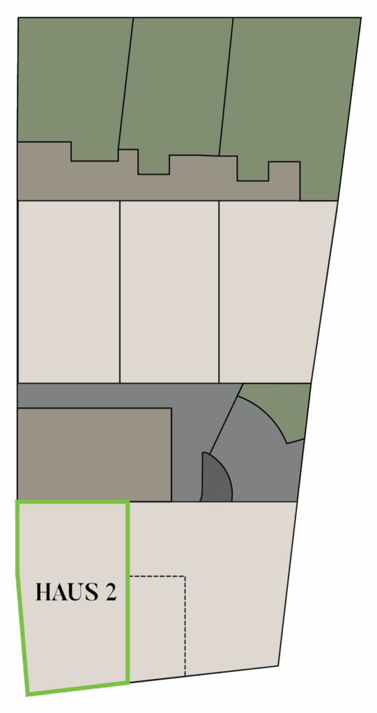 Site plan and specifications for BUCHBERG 8 – House 2 with garden terrace, basement and hobby area