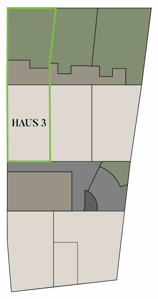 BUCHBERG 8 – Site plan and property details for House 3: 126.96 m² living space, 88.27 m² outdoor area with garden and 2 terraces, 3 bedrooms