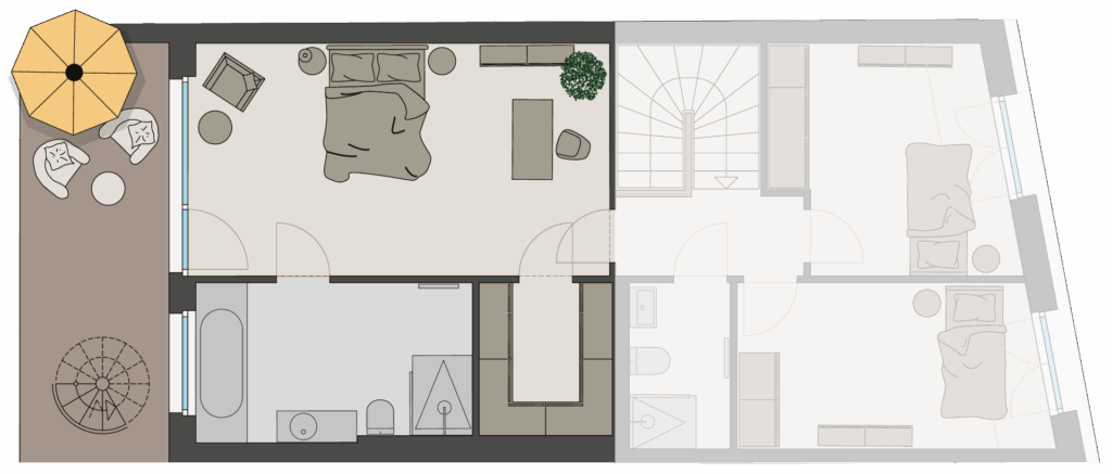 Architektonischer Grundriss der oberen Etage mit Schlafzimmer, Bad en Suite, Ankleide und Balkon.