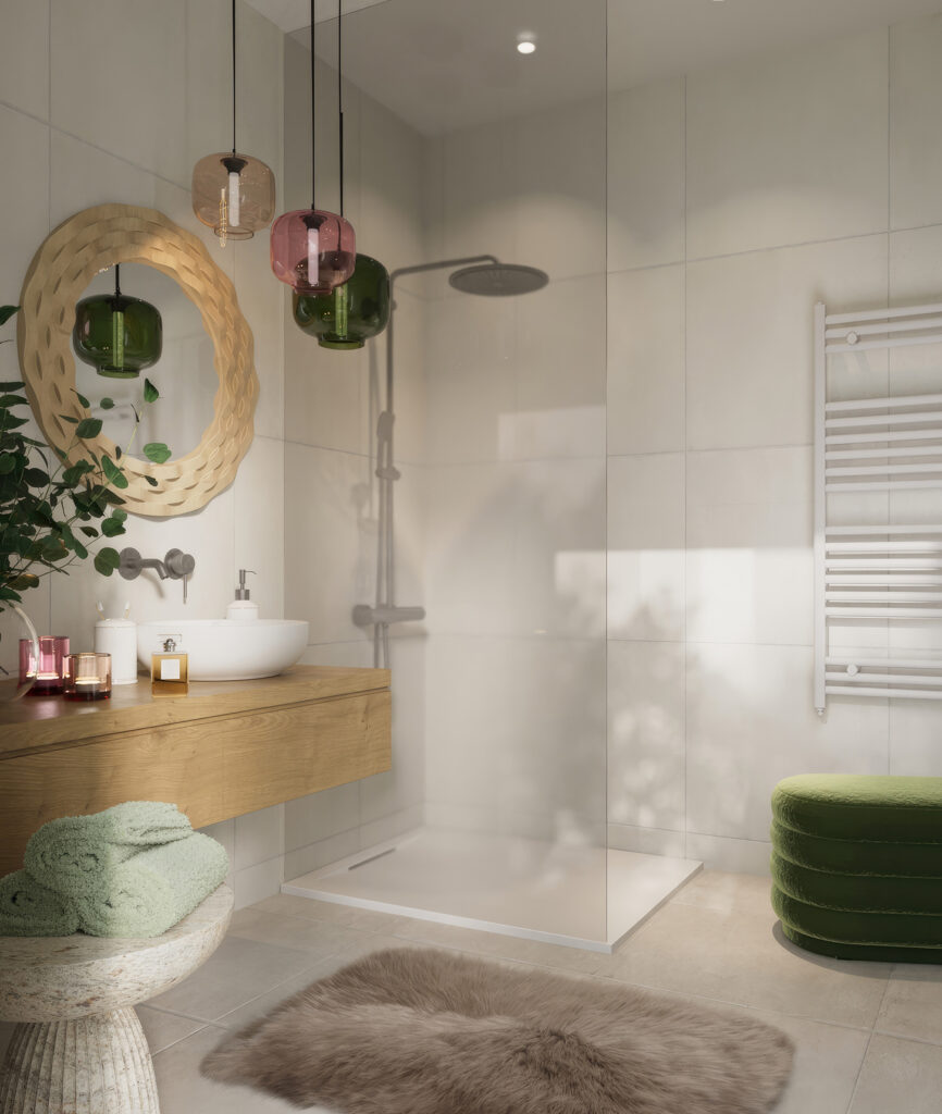 Modern bathroom with fine stone tiles, freestanding bathtub, and designer lighting at BUCHBERG 8