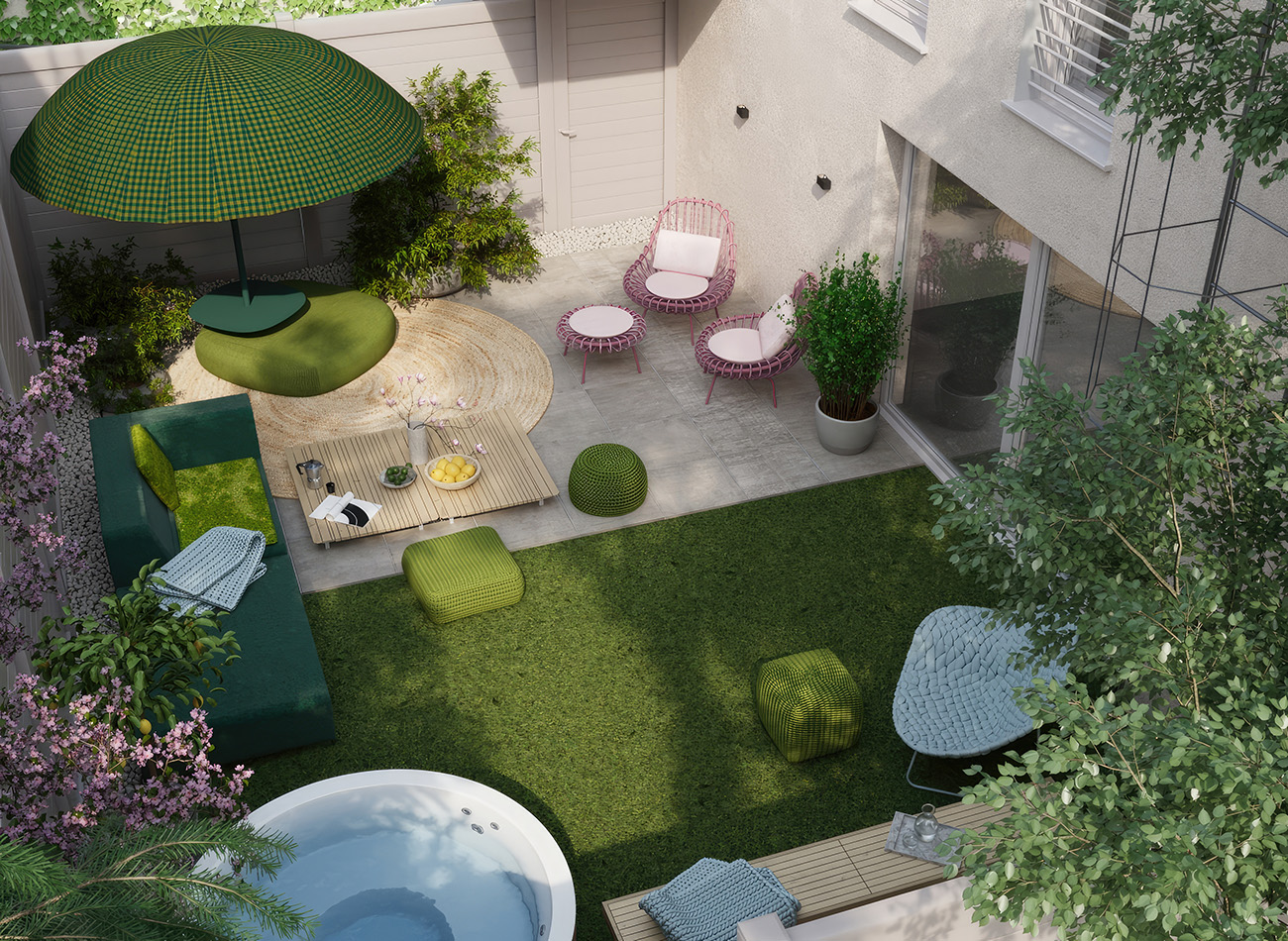 Private garden lounge with whirlpool and designer seating at BUCHBERG 8 townhouse in Klosterneuburg