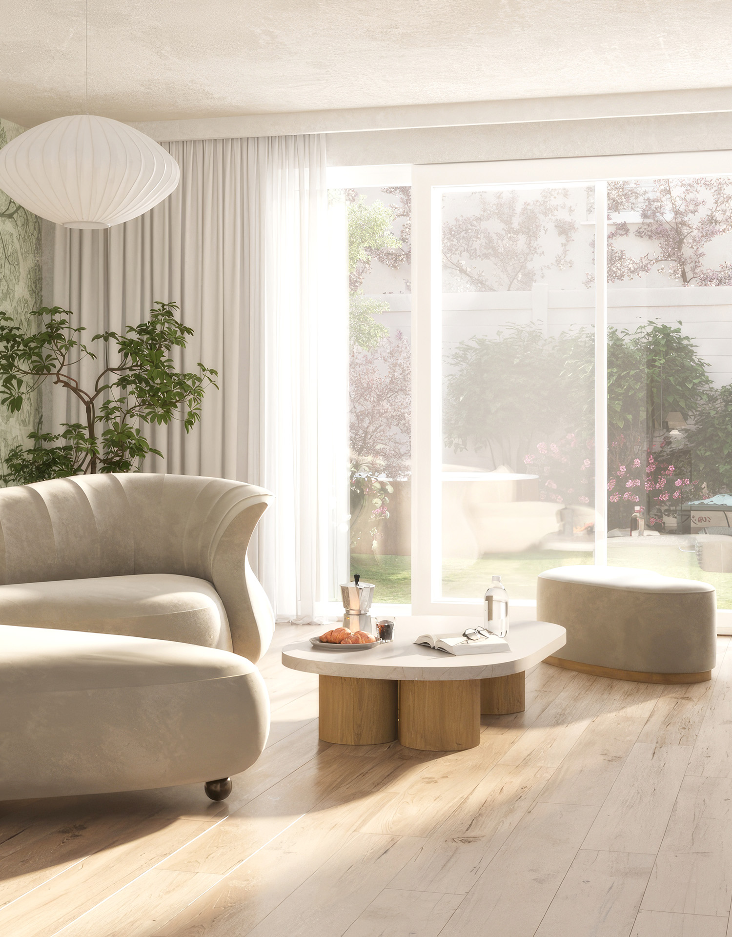 Bright living room with natural oak parquet and view into the private garden at BUCHBERG 8, Klosterneuburg