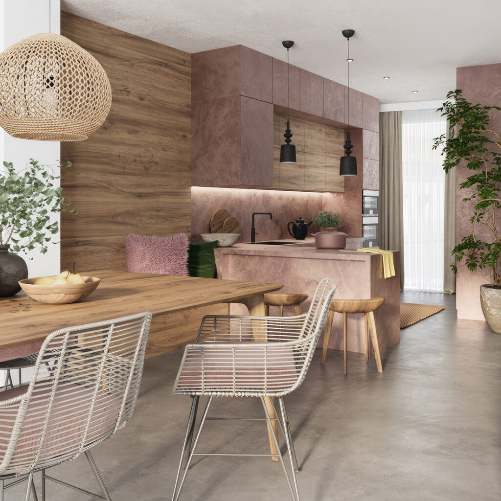 Stylish open kitchen and dining area with wooden design and natural light at BUCHBERG 8 townhouse