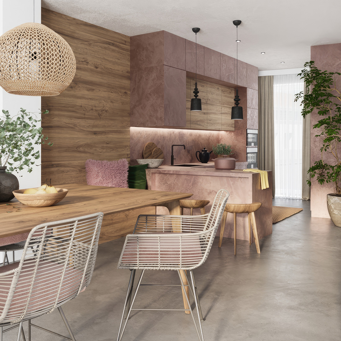 Stylish open kitchen and dining area with wooden design and natural light at BUCHBERG 8 townhouse