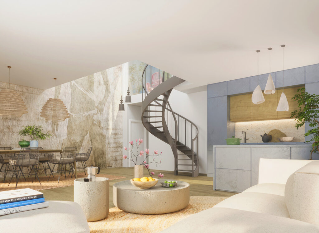 Helles, modern eingerichtetes Wohnzimmer mit offener Küche, runder Treppe ins Obergeschoss, stilvollen Hängelampen und gemütlicher Sitzecke mit Naturmaterialien.
