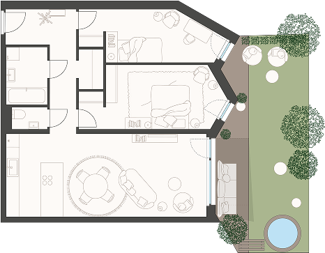 Grundriss einer 3-Zimmer-Wohnung mit Garten, Terrasse und Begrünung in der Wohnanlage Junge Römerstadt