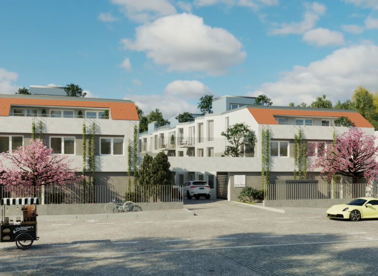 Moderne Stadtwohnungen in der Jungen Römerstadt in Tulln mit Balkonen, Dachterrassen und Blick auf blühende Bäume.